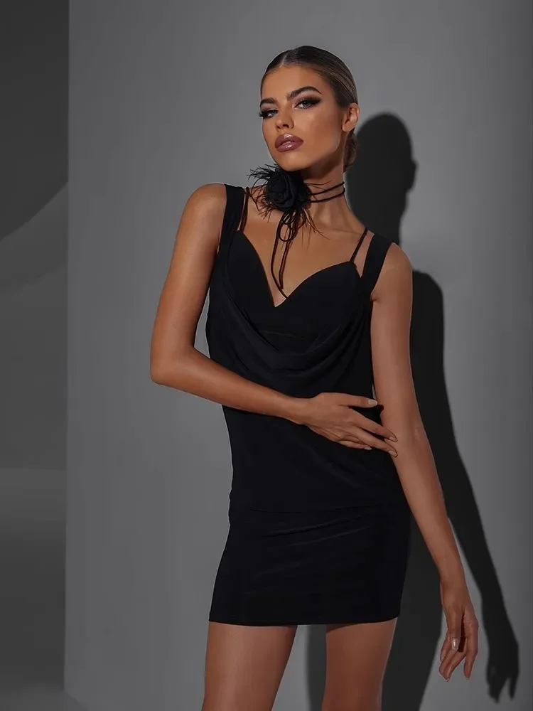 Women  Sexy Swing Neck Latin Dancing Practice Training Wear Latest Latin Dance Mini Hip Dress