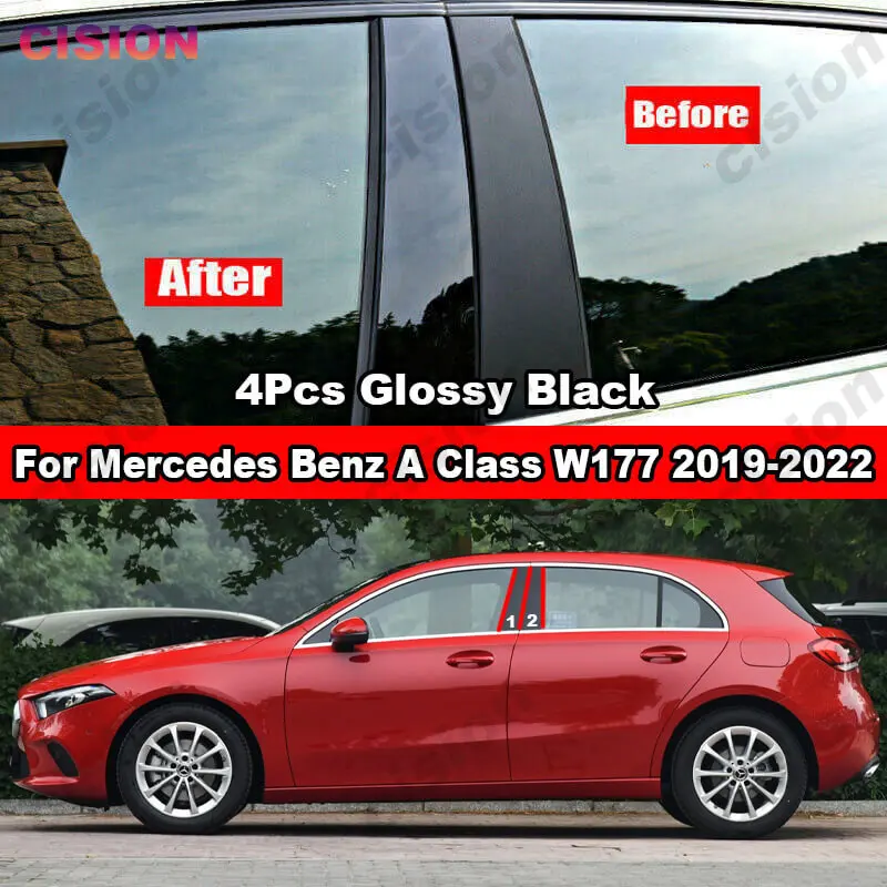 For Mercedes Benz A Class W177 2019-2022 Car Window Door B C Pillars Post Cover Trim Black Carbon Fiber Mirror Effect PC Sticker