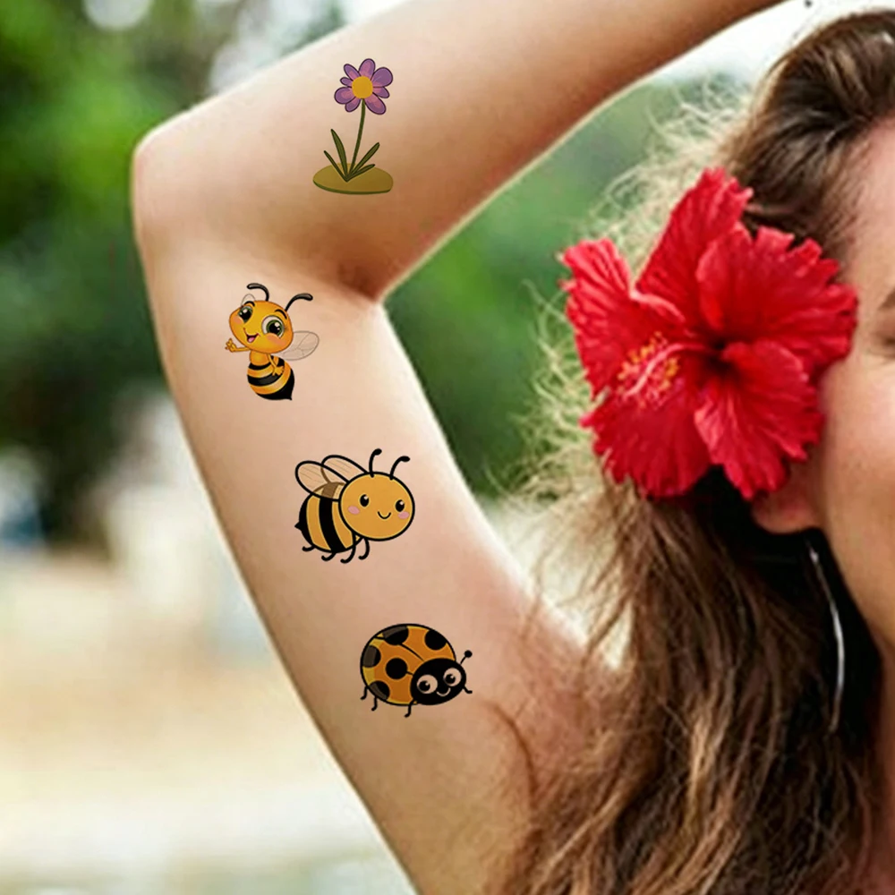 10 Sheets Waterproof Bees Caterpillars Butterflies Body Stickers for Men Women Insects Hand Tattoo Cartoon Temporary Tattoo Fake