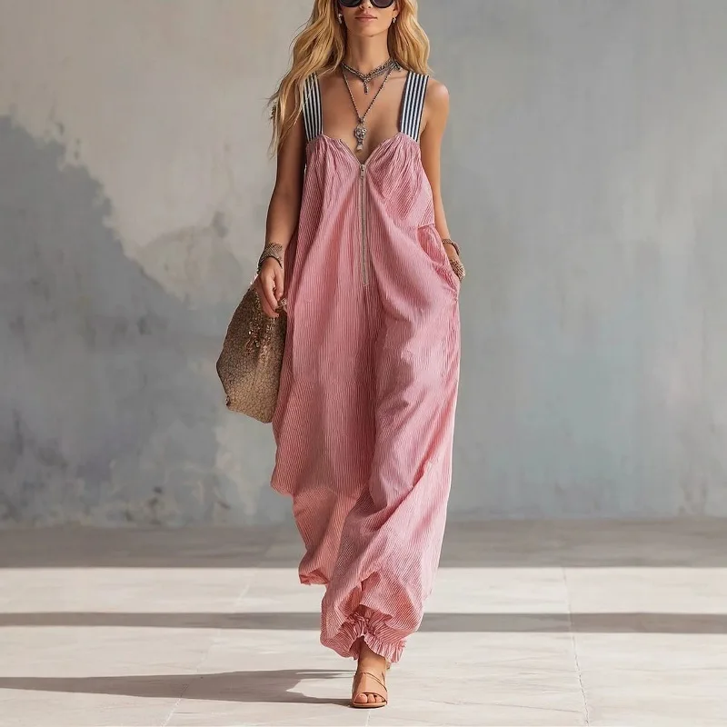 

Women Pink Striped Jumpsuit Sleeveless Zipper Loose Wide Leg Casual Summer Beach Romper with Pockets Loose Leg Binding Jumpsuit