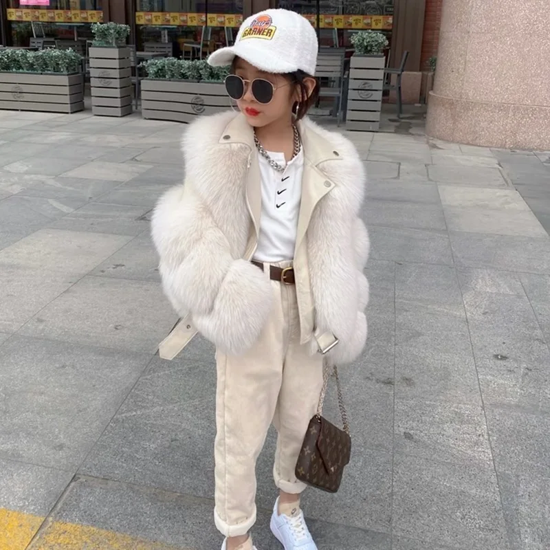 Girls Fur Coat Jacket Cotton Outwear Overcoat 2022 Elegant Warm Thicken Plus Velvet Winter Autumn Teenager Fuzzy Children\'s Clot