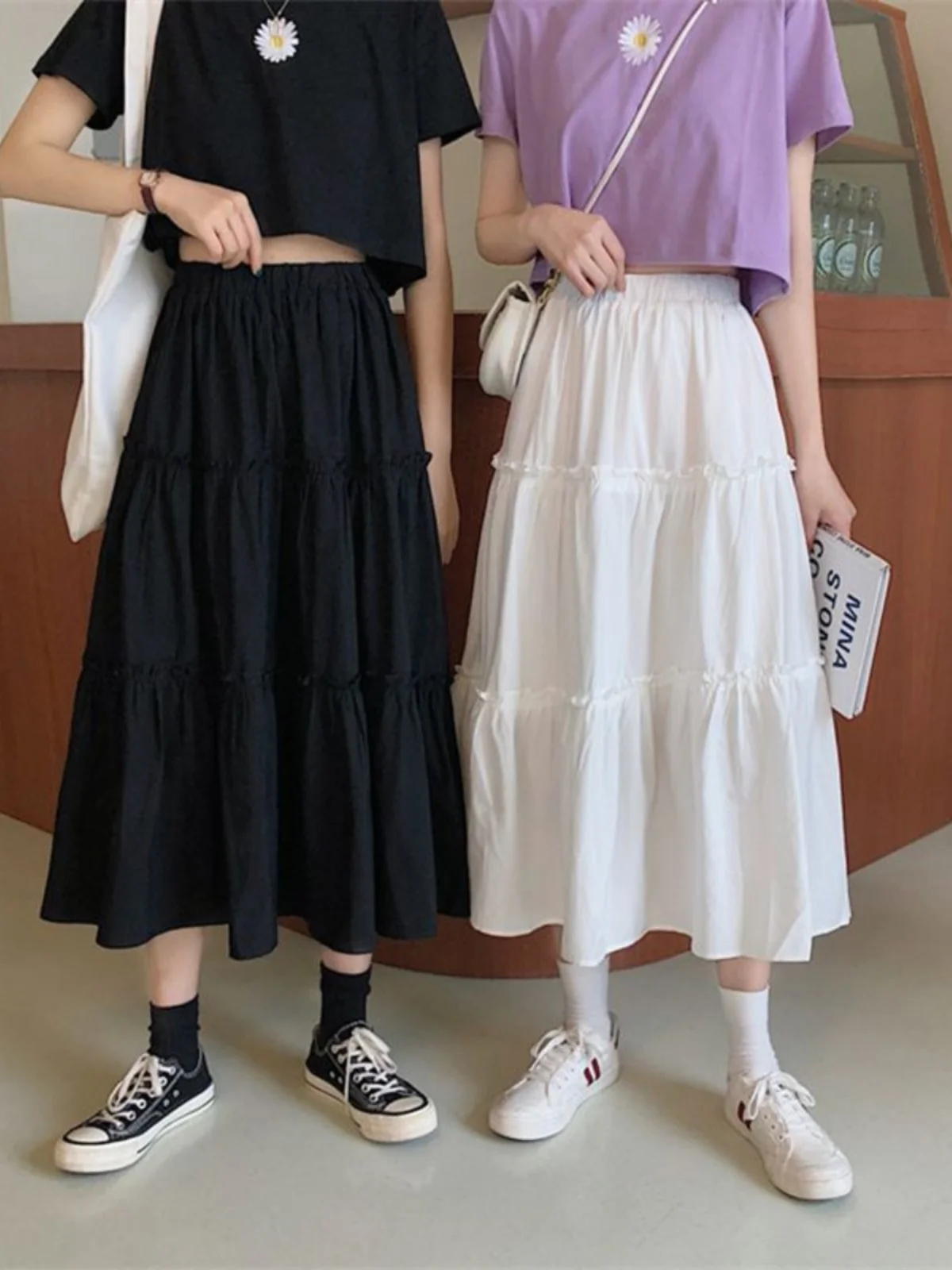 

Sweet Sli High Waist Midi Skirt Versatile White f-length A-line Skirt for Spring Summer Autumn Faionable Ladies' Skirt