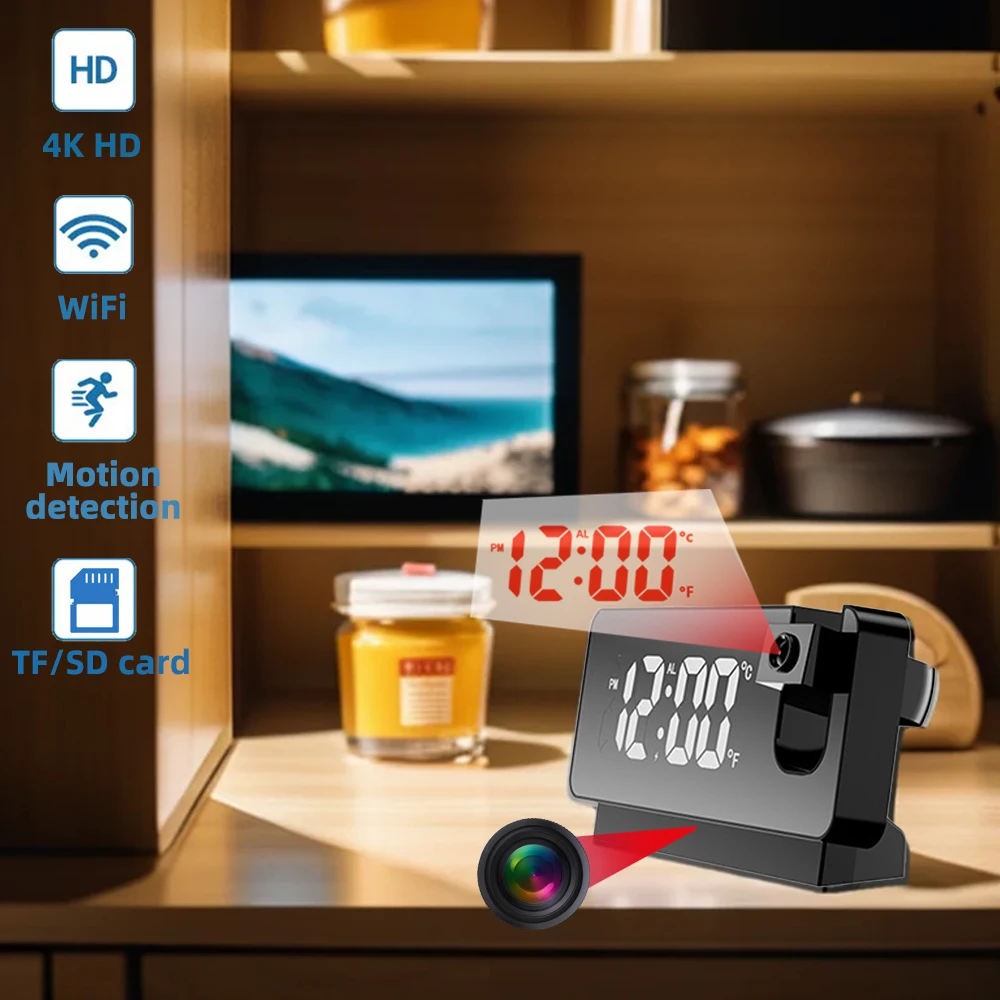 

4K HD mini clock camera, supports motion detection alarm, WIFI connection, APP remote viewing, and home security