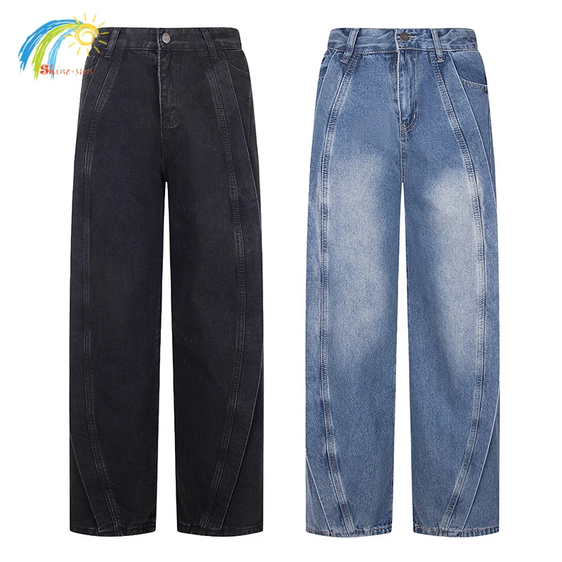 

Solid Color Blue Black Splicing Patchwork Project G/R Denim Pants Men Women Best Quality Straight-Leg Jeans Trousers Inside Tags