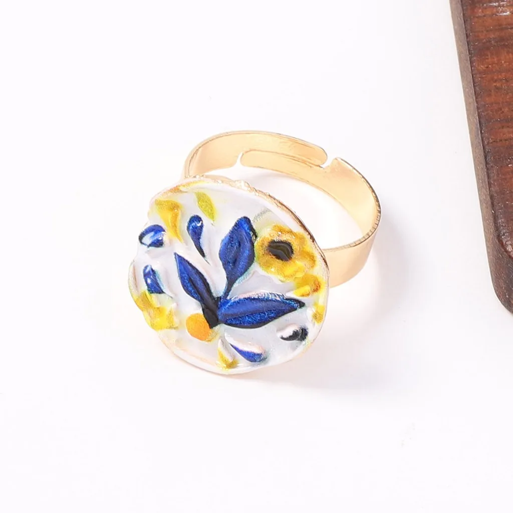 Oil Painted Floral Ring Oil Painted Women'S Ring Fashion Ring Open Adjustable For Dates Family Members Daily Wear