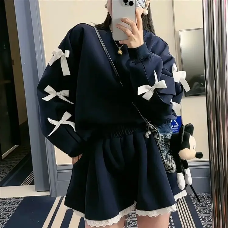 Korean style bow design sweatshirt new suit loose 2024 slim spring fashion long-sleeved round neck suit k pop clothes