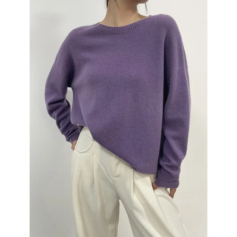 Autumn Winter 100% Pure Wool Seamless Sweater Women Round Neck Loose Soft Basic Knitted Pullovers