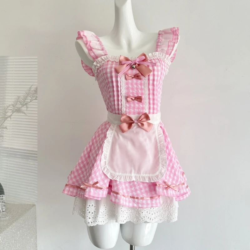 

Teen Girls Mini Dress Summer Pink Plaid Spaghetti Strap Dress Women Lolita Cute Bowknot Design Ruffles Pleated Cotton Dress rok