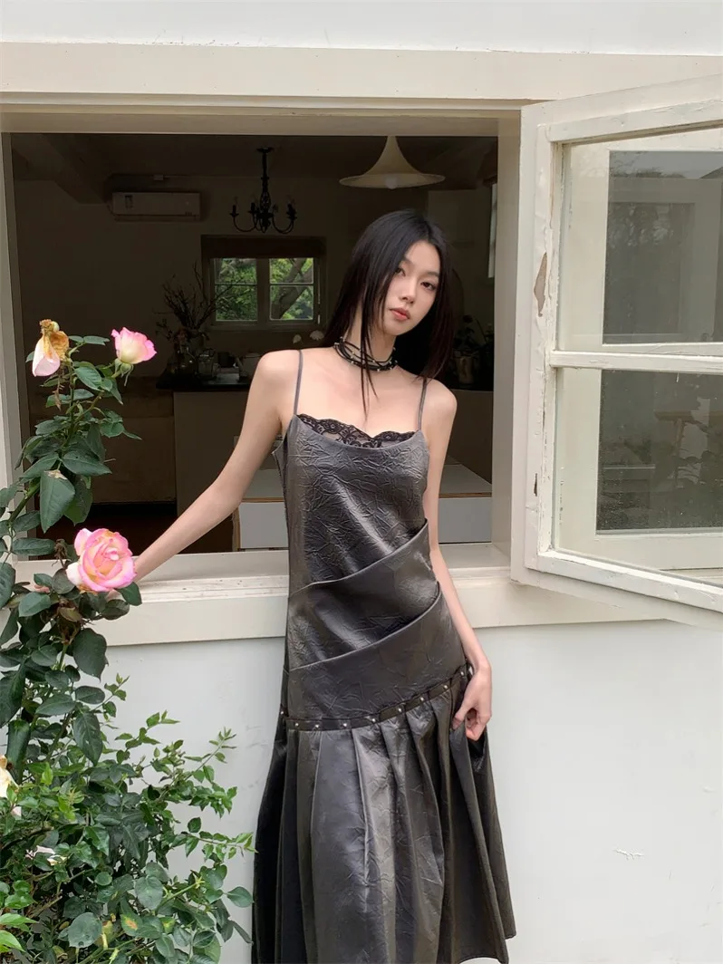 CHEERART Pleated Long Luxury Slip Dresses Women 2024 Lace A Line Midi Dress Elegant Party Asymmetrical Ruched Midi Dress