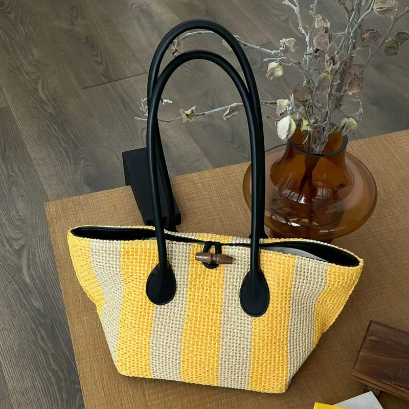 Beach Straw Tote Bags For Women Luxury Designer Handbags And Purses 2026 New In Grass Knitting Striped Pattern Underarm Shoulder