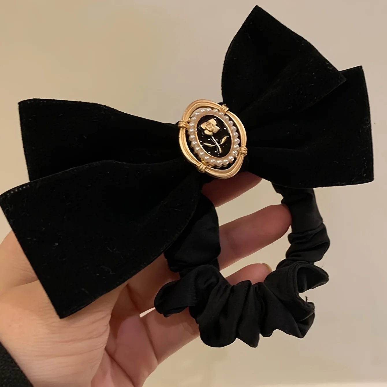 Elegant Velvet Bow Hair Tie with Golden Embossed Design for Ponytails and Updos, Black Velvet Hair Accessory, Elegant Bun Holder