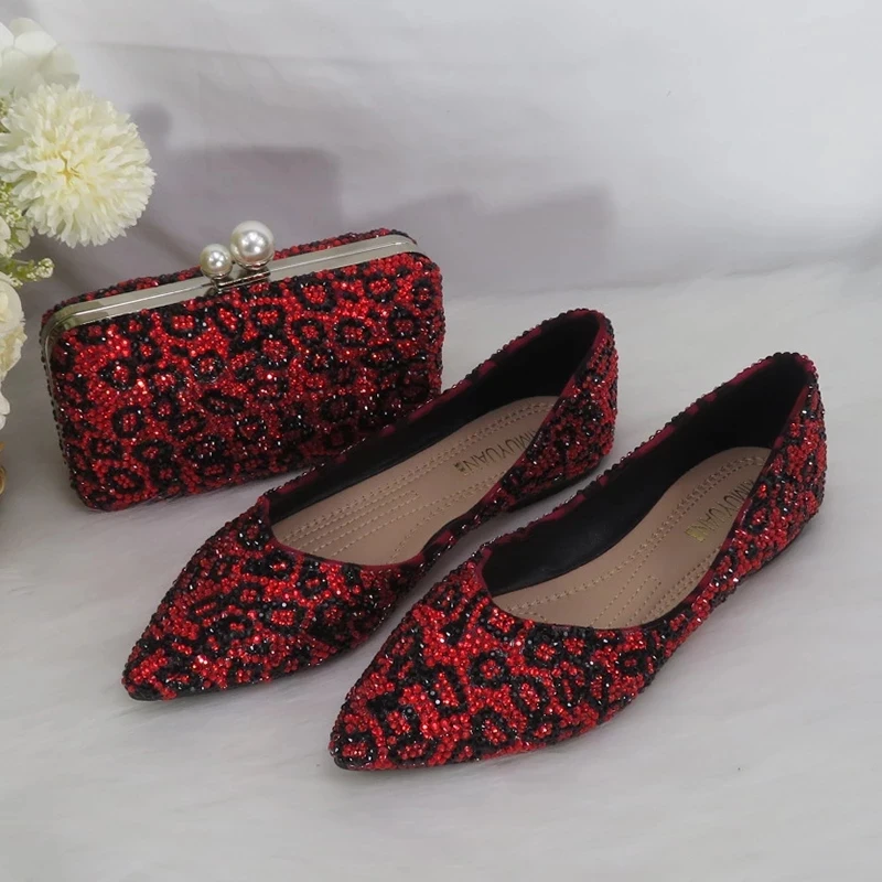 

Fashion Leopard Flat shoes Pointed Toe Wedding Bridal shoes with matching bags Women Crystal Party Dress Shoes and Handbag