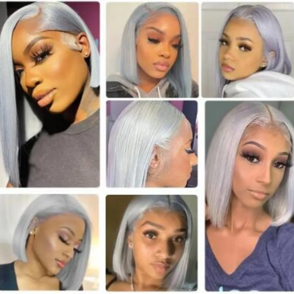 فضي رمادي بوب شعر مستعار 13x4 الدانتيل الشفاف الجبهة خصلات الشعر المستعار الإنسان للنساء الدانتيل شعر مستعار أمامي 100% البرازيلي بوب الشعر قبل قطعها