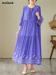 Cotton Embroidery Vintage Dresses For Women 2025 New Summer Casual Loose Long Dress Femme Robe Office Lady Work Elegant Clothing