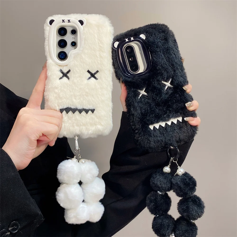 Y2K Cool Embroidery Monster Plush Phone Case for S26 Ultra Pom Pom Wrist Strap Protective Cover for Samsung Galaxy S25 S24 A57