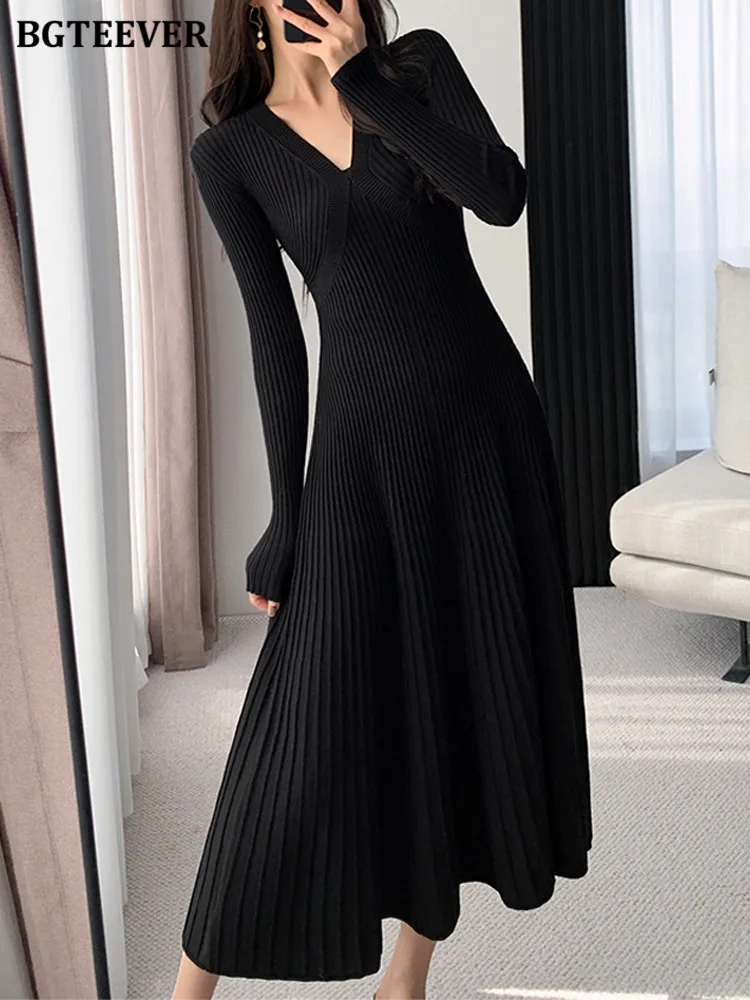 BGTEEVER Stylish V-neck Knitted A-line Dress Women Autumn Winter Full Sleeve Slim Waist Elegant Female Solid Sweater Dress