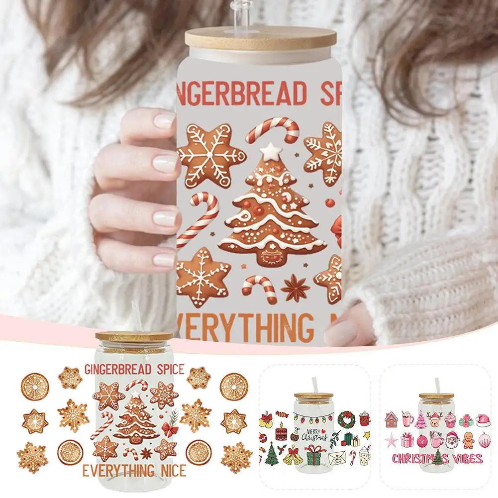 UV DTF Christmas Drink Coffee Transfer Funny Santa OZ Cup 16 Sticker Sticker Waterproof Glass Claus Decals Transfer V8F1