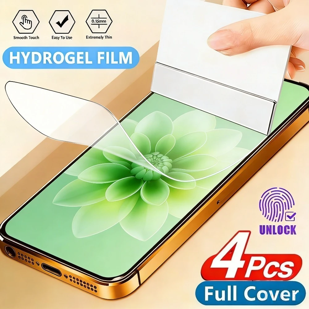 

Комплект из 4 ультрапрозрачных гидрогелевых пленок для iPhone 17, 16, 15, 14 Pro Max, Air 17e, 16e, 15, 14 Plus, 13, 12, 11 Pro – Защитная пленка на весь экран