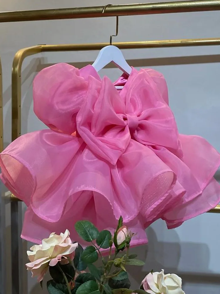 Vestido rosa de flores hinchado para niña, tul para boda, cuello redondo con lazo hasta la rodilla, fiesta de cumpleaños de princesa, desfile de graduación