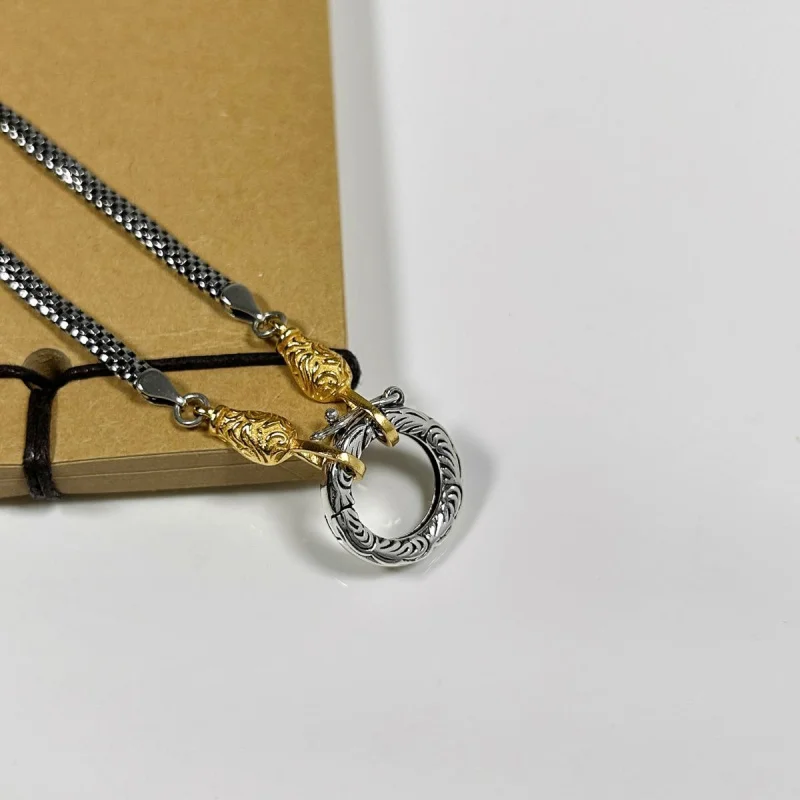 S925Sterling Silver Tangcao Pattern round Snake Bones Chain Men's Necklace Women's Vintage Pendant Gold and Silver Color Matchin