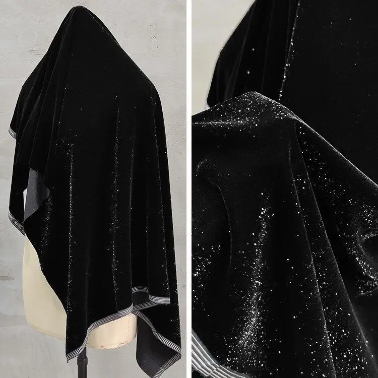 Starry Silver Dot Shiny Velvet Fabric Black Diamond Glitter Velvet for Formal Gowns Skirts DIY Sewing Designer Fabric