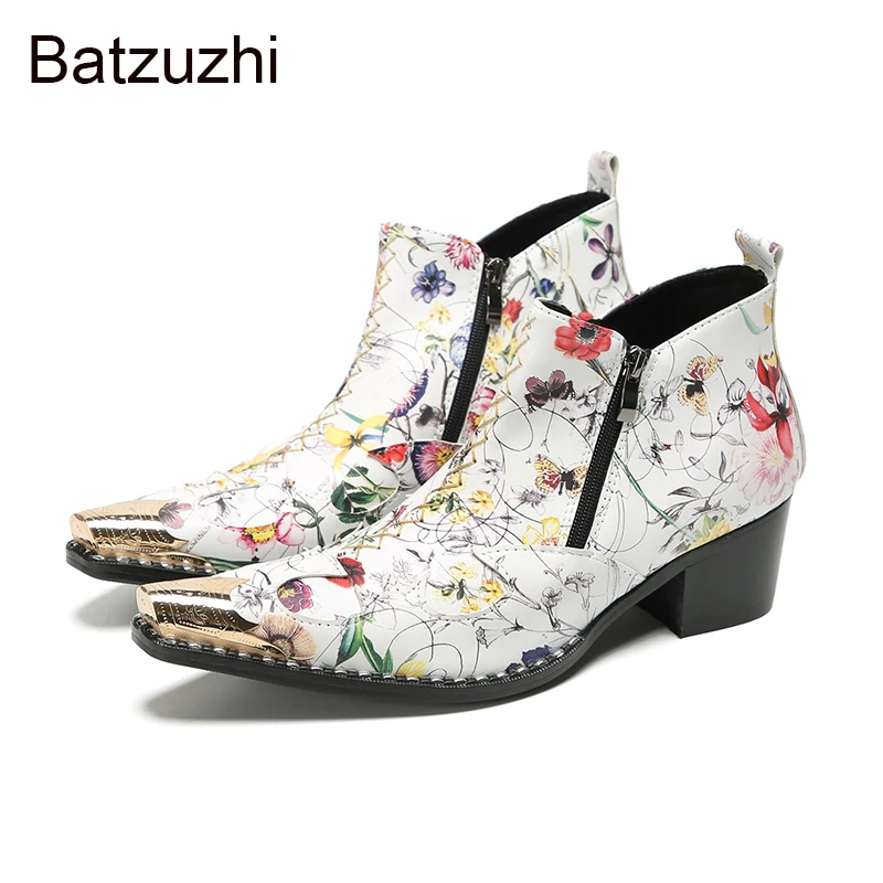 Batzuzhi Luxury Handmade Men's Boots Shoes 6.5cm High Heels Flowers Print Leather Ankle Boots Man Pointed Toe Party Boots Male