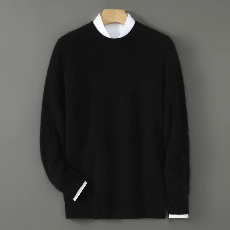 Men 100% Merino Wool Casual O-Neck Cable Knit Sweater Long Sleeves Pullover Cashmere Soft Solid Color Warm Men's Clothing Top