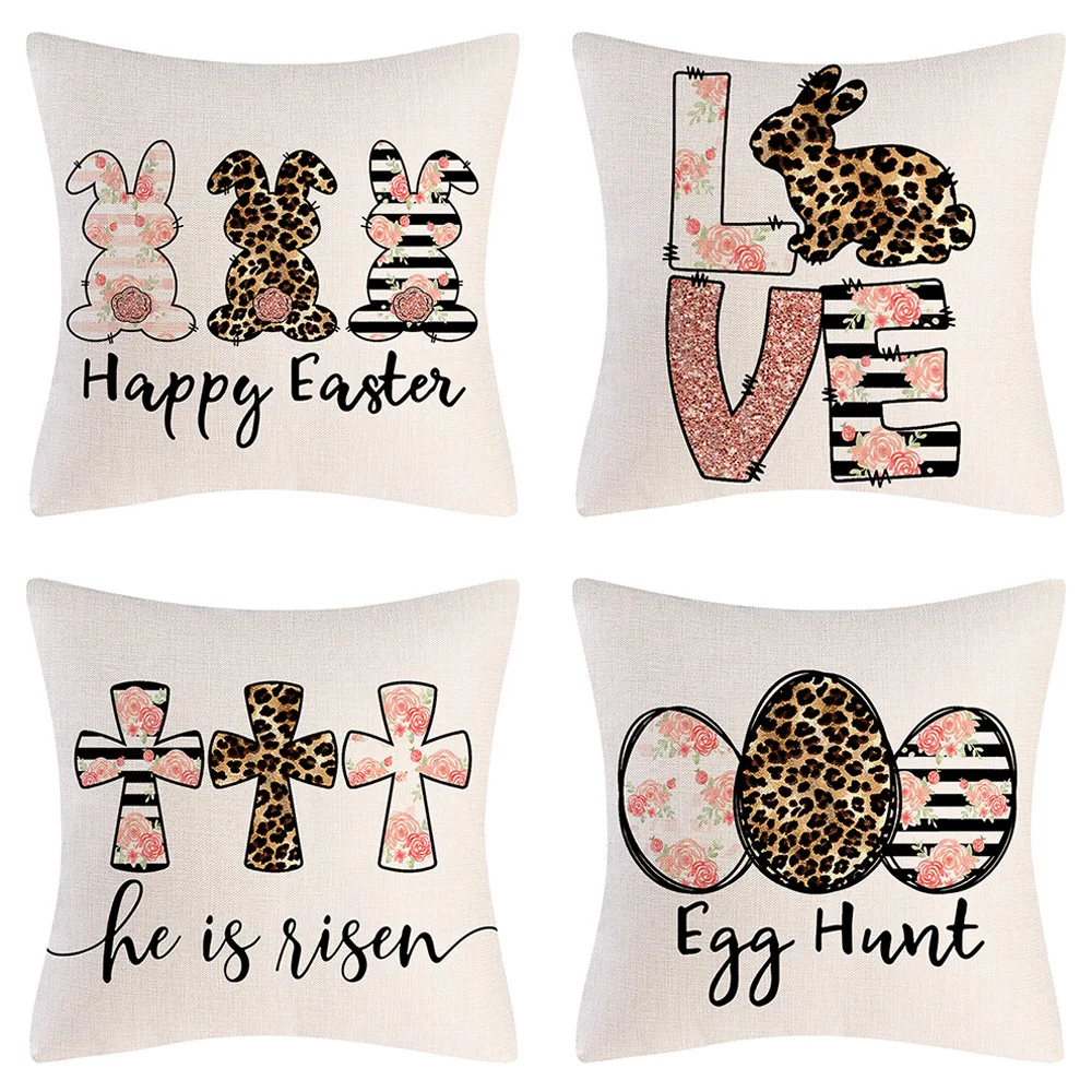 Happy Easter Letters Pillowcase Easter Decorations For Home Sofa Rabbit Bunny Eggs Linen Pillow Cover 45*45cm Easter Party Decor