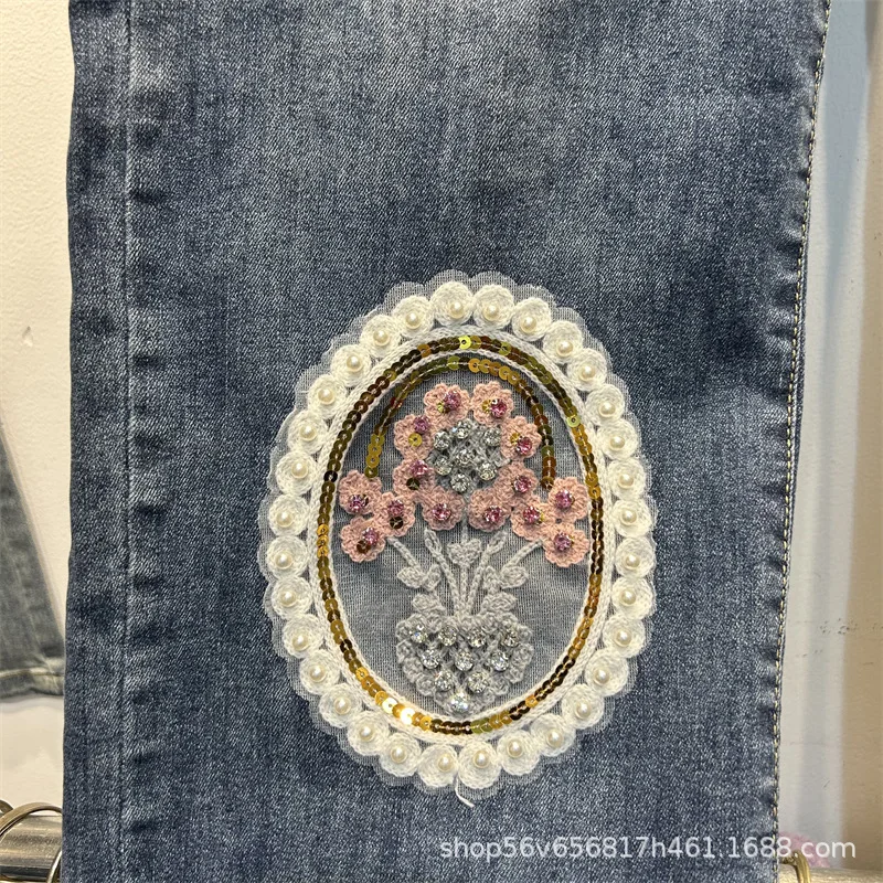 Pantalones vaqueros tridimensionales con flores y diamantes para mujer, pantalones rectos con cintura elástica que combinan con todo, vaqueros de pierna ancha para primavera y otoño