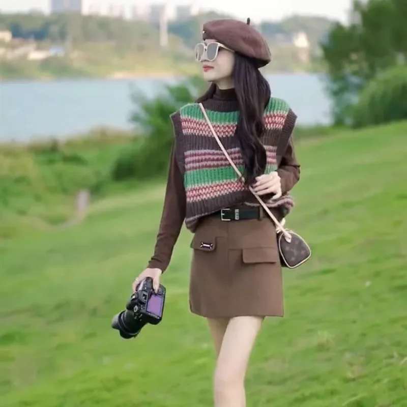 

Korean Round Neck Soft Glutinous Sweater for Women All Match Striped Sleeveless Knitted Vest Camisole Top for Women