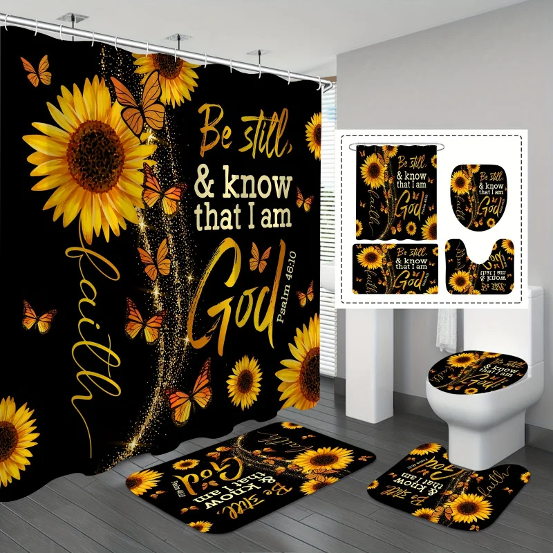 1/4pcs Sunflower Butterfly Printed Shower Curtain Decorative Bathroom Set Including Waterproof Shower Vor