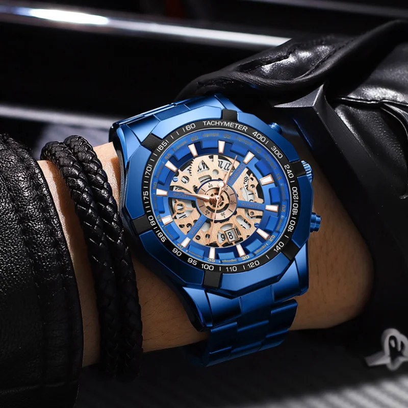 Luxury Brand Mens Wristwatch Fashion Black Skeleton Dial Quartz Watches Man Sport Waterproof Auto Date Mille Clock Dropshipping