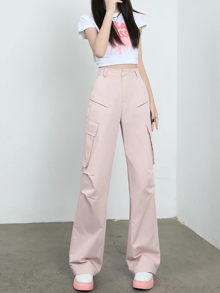 

Розовые брюки для спецодежды, женские летние новые американские брюки Millennium с высокой талией, свободные утягивающие брюки с несколькими карманами и широкими штанинами