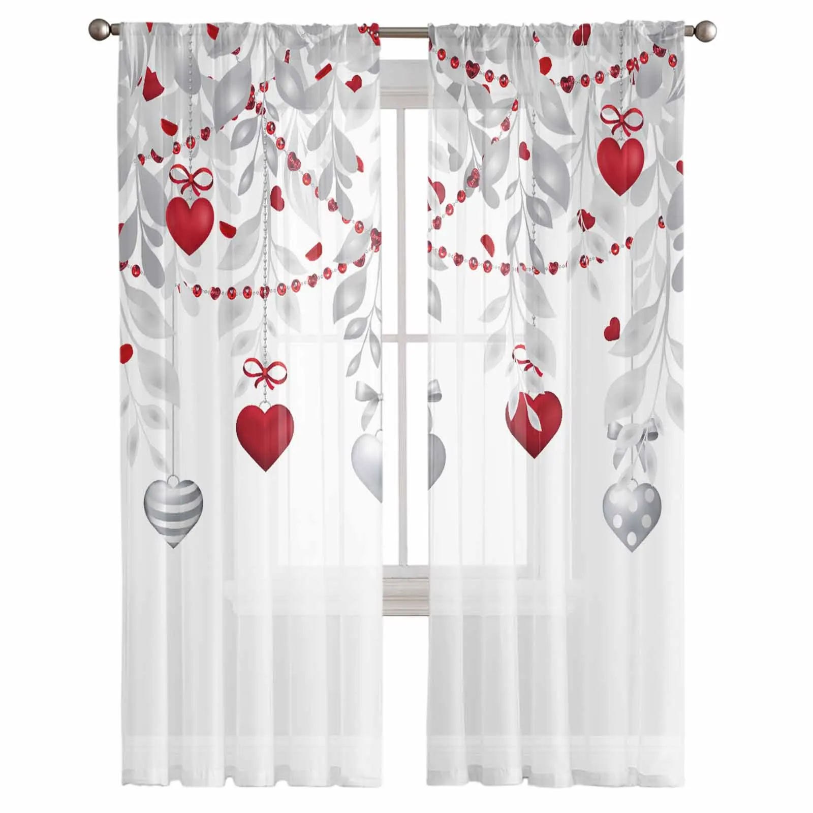 Valentines Hearts Eucalyptus Leaves Tulle Curtains for Living Room Sheer Curtain for Bedroom Kitchen Blinds Voile Curtains