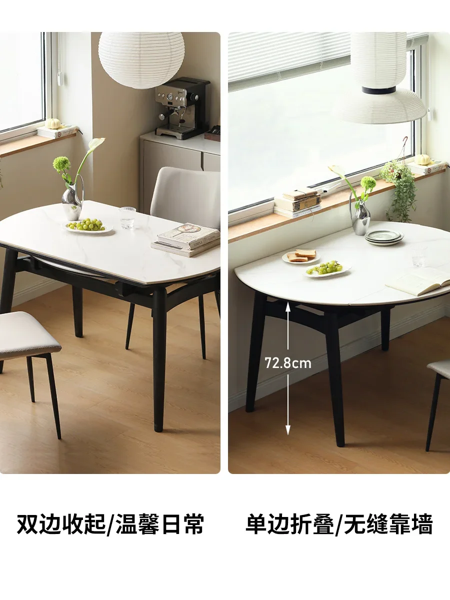 

*Solid Wood Rock Slab Dining Table Small Apartment Dining Room Light Luxury Black Retractable Dining Table Household Oak