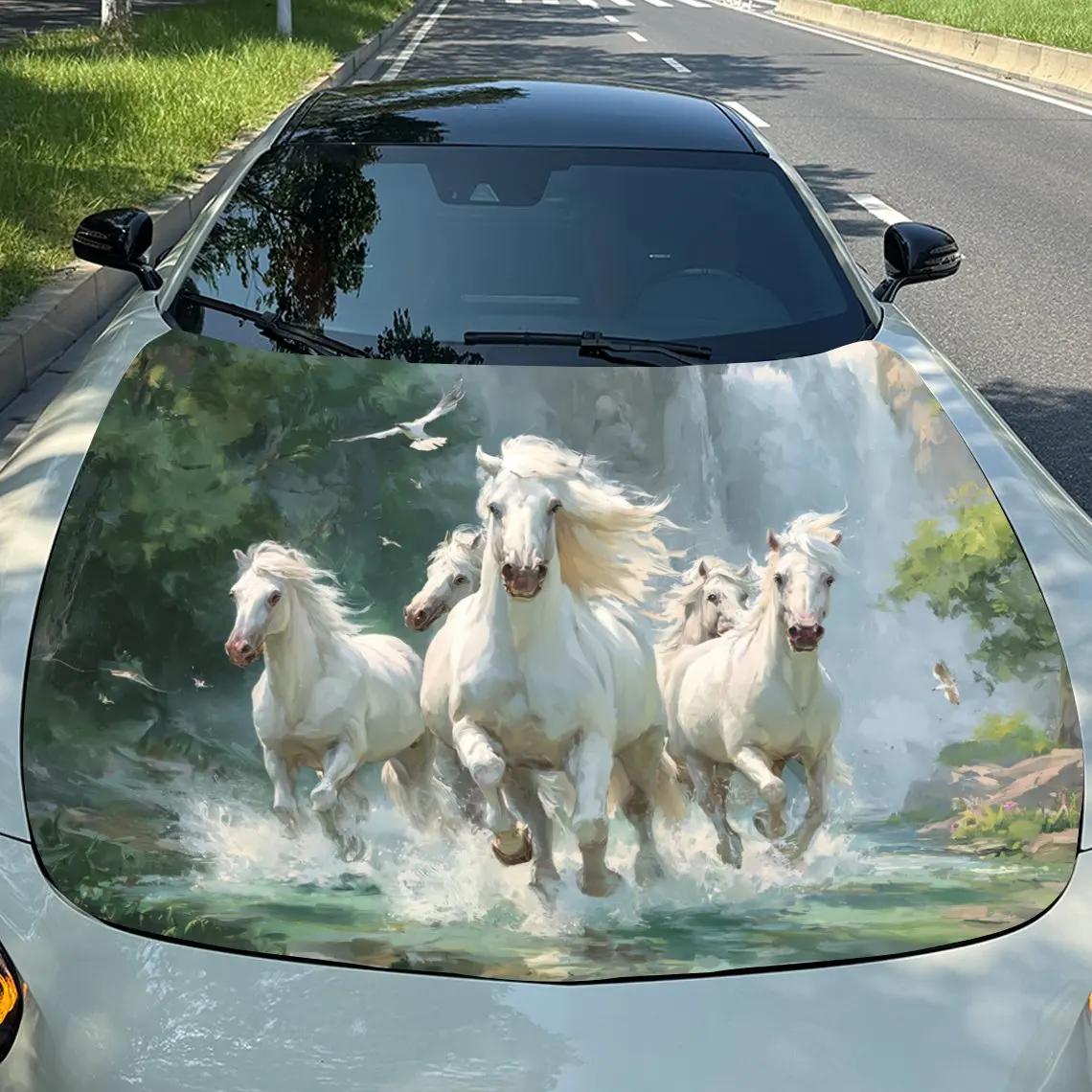 

Running White Horse Car Hood Vinyl Wraps, PVC Waterproof Car Bonnet Decals, Self-Adhesive Scratch-Resistant Stickers For Engine