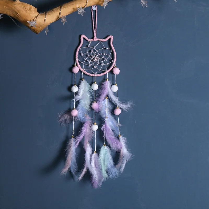 Pink Cat Lace Pompom Ball Dreamcatcher Ornament Girl Bedroom Decoration Feather Dream Catcher Wind Chimes Wall Hanging Pendent