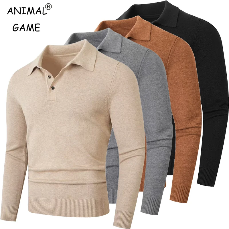 Mens Long Sleeve Polo Sweater Knit Polo Casual Heavyweight Thermal Pullover Sweater outdoor Anti-pilling Solid Color Pullover