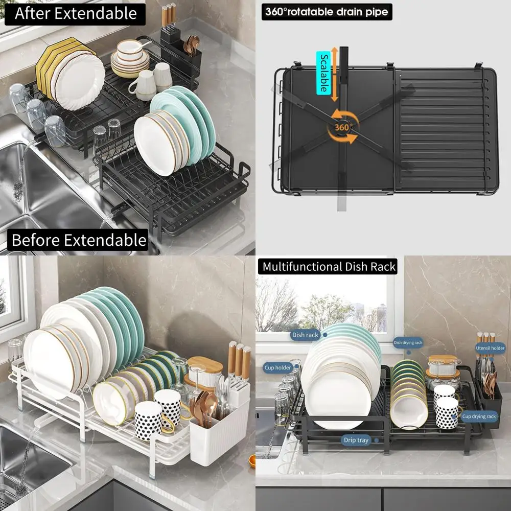 

Kitchen Counter Expandable Dish Rack with Sink Mount, Drain Board, Cup & Utensil Holders