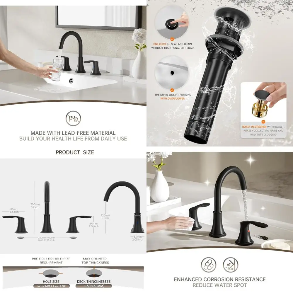 

8 Matte Black 3-Hole Pull-Down Faucet with Sprayer, Metal Drain, 2 Handles for Widespread Bathroom Sinks