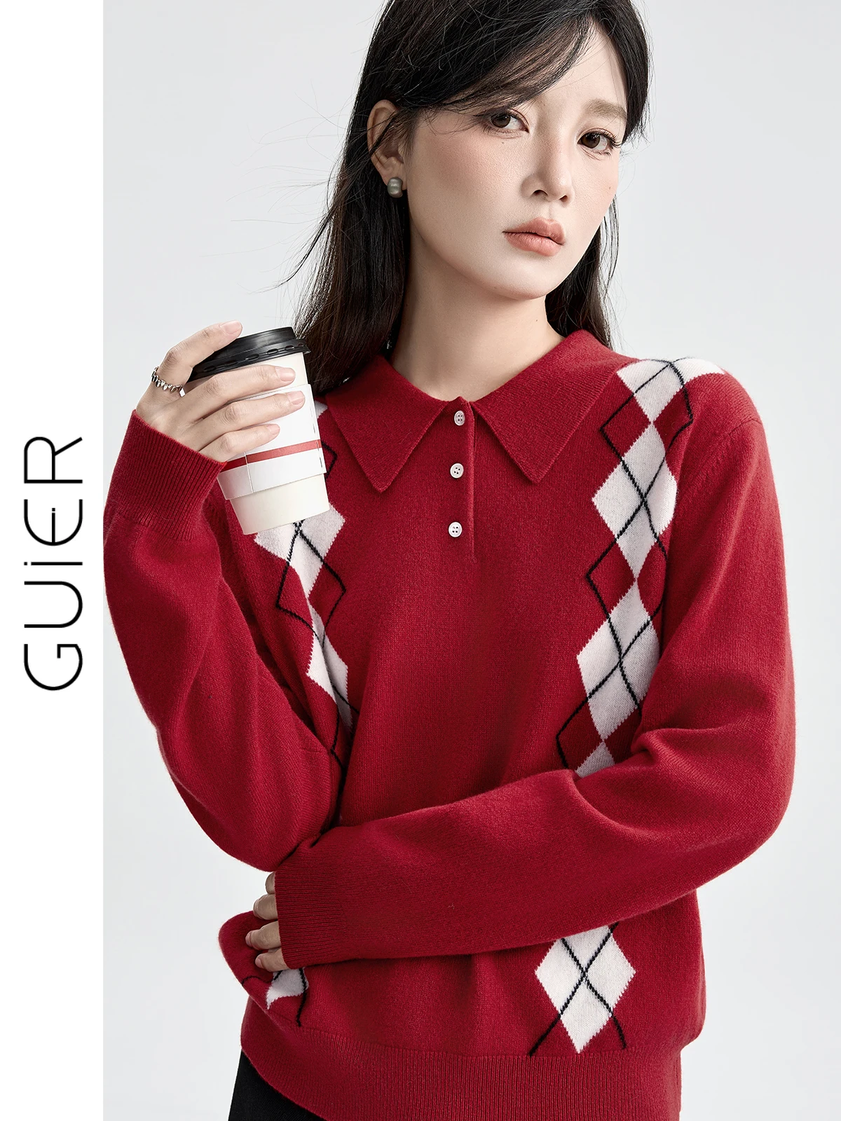 

Red Diamond Pattern Knitted Ne Slim Fit Vintage Sle Women's Top Guier Winter New Arrival Faion Ladies Sweater