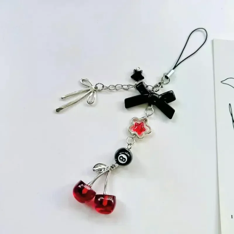 1 Piece Charms Red Cherry Bow Phone Chain Key Ring Y2K Bag Pendant Keychain Accessory Girlfriend Gift view 2