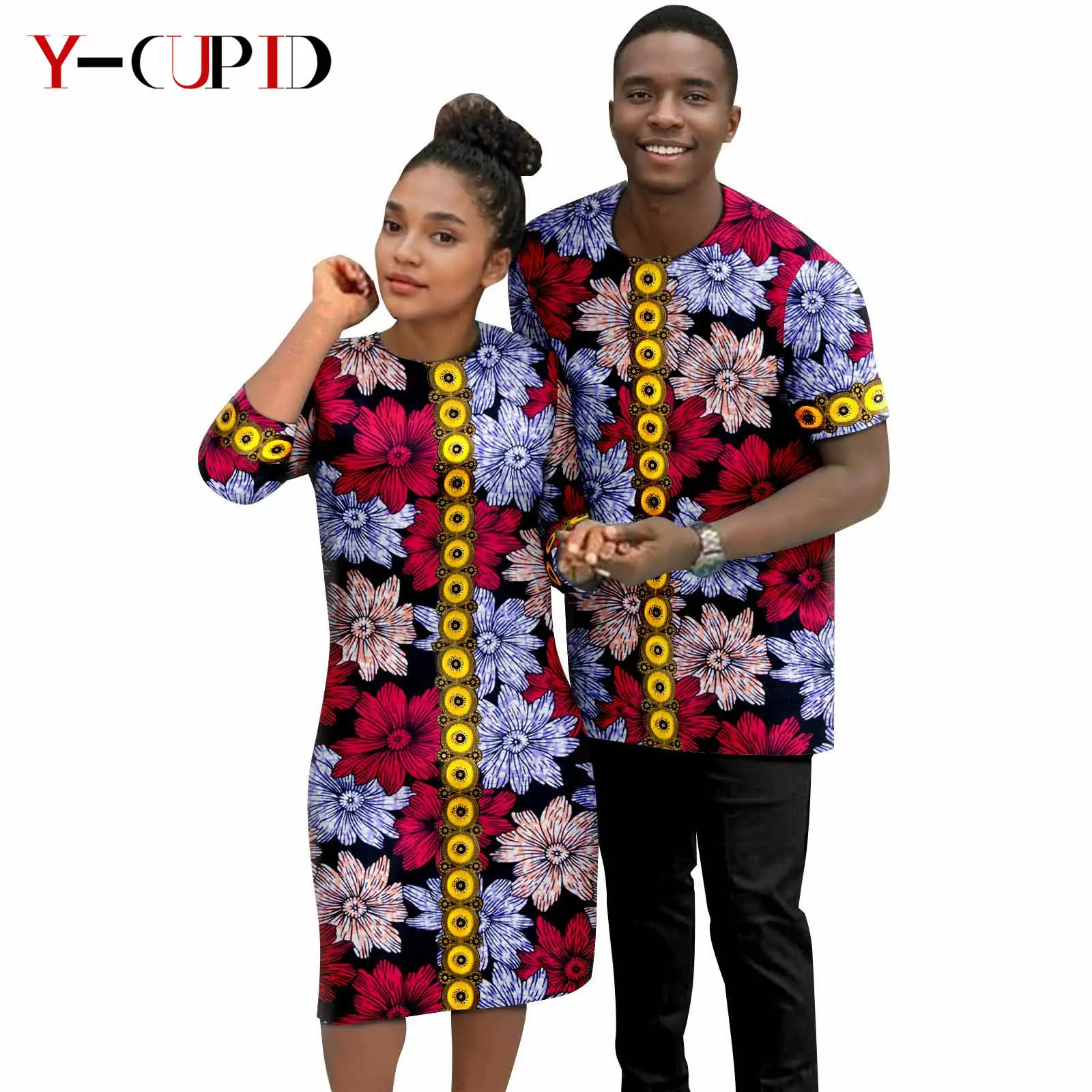 Afrykańskie sukienki z aplikacjami dla kobiet Dopasowane stroje męskie Bazin Riche Top i zestawy spodni Dashiki Party Couple Clothes 24C078