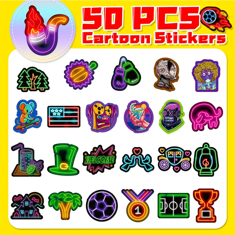 10/30/50 pçs engraçado luz de néon dos desenhos animados graffiti adesivos à prova dwaterproof água diy bagagem motocicleta guitarra portátil carro legal adesivo brinquedos