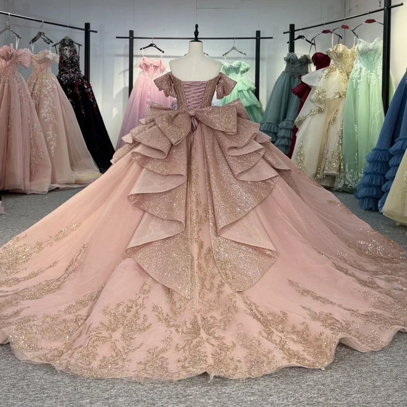 Rosa glänzende Prinzessin Sweet-16 Kleid Kleid Quinceanera Kleider Gold Applikation Perlen Korsett Tüll Party Geburtstag Vestidos 15 Jahre