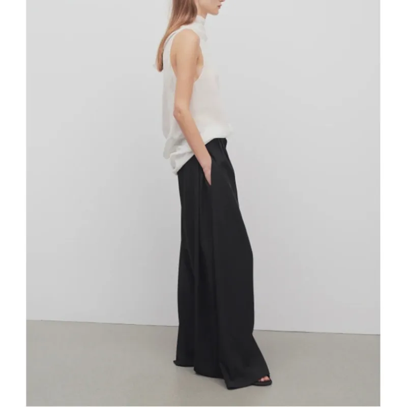 Women's Side Pleated Wool Blended Wide Leg Pants, New Straight Leg Loose Pleated Skirt Pants, Autumn and Winter 2024