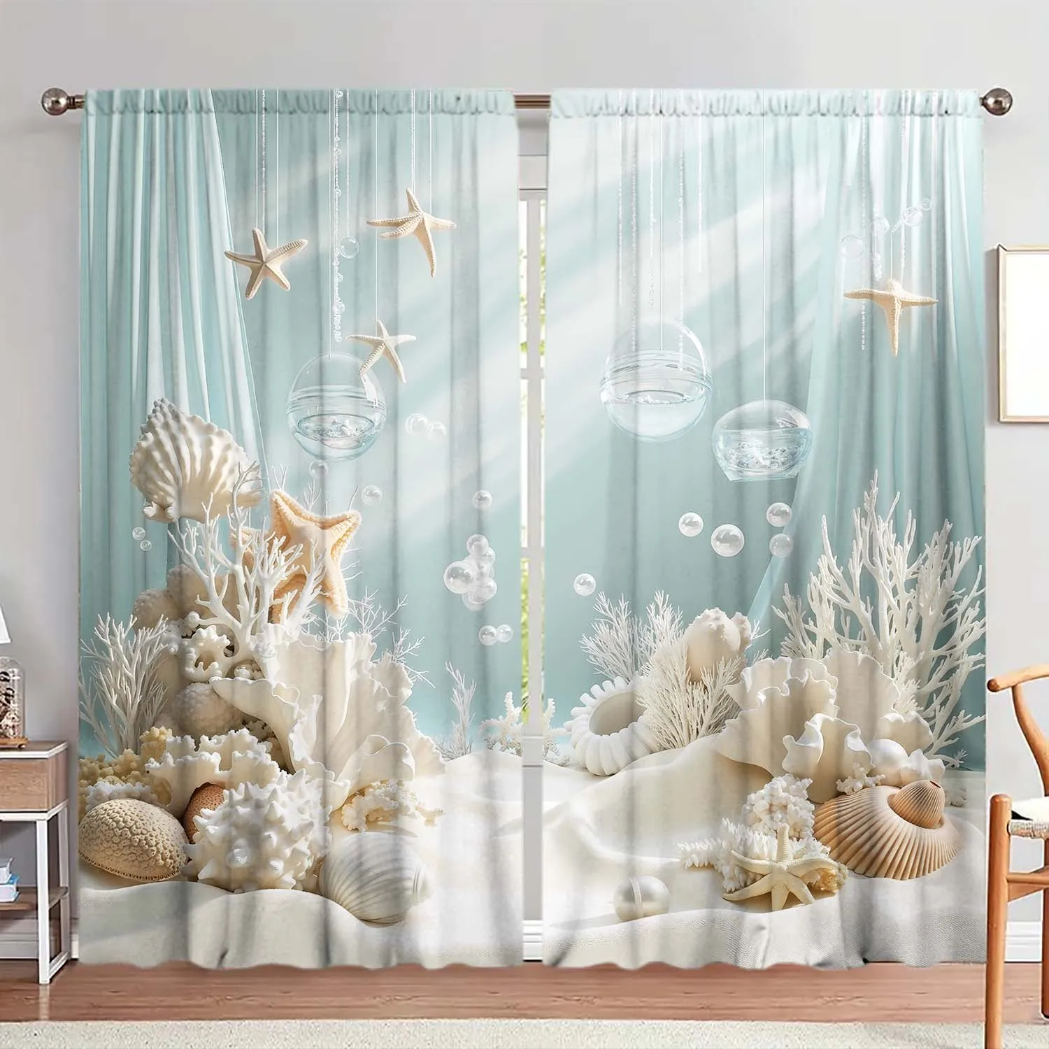 2pcs Underwater World Coral Shell Starfish Conch Curtain - Artistic Home Decoration Curtains, All Season Decorative Curtains