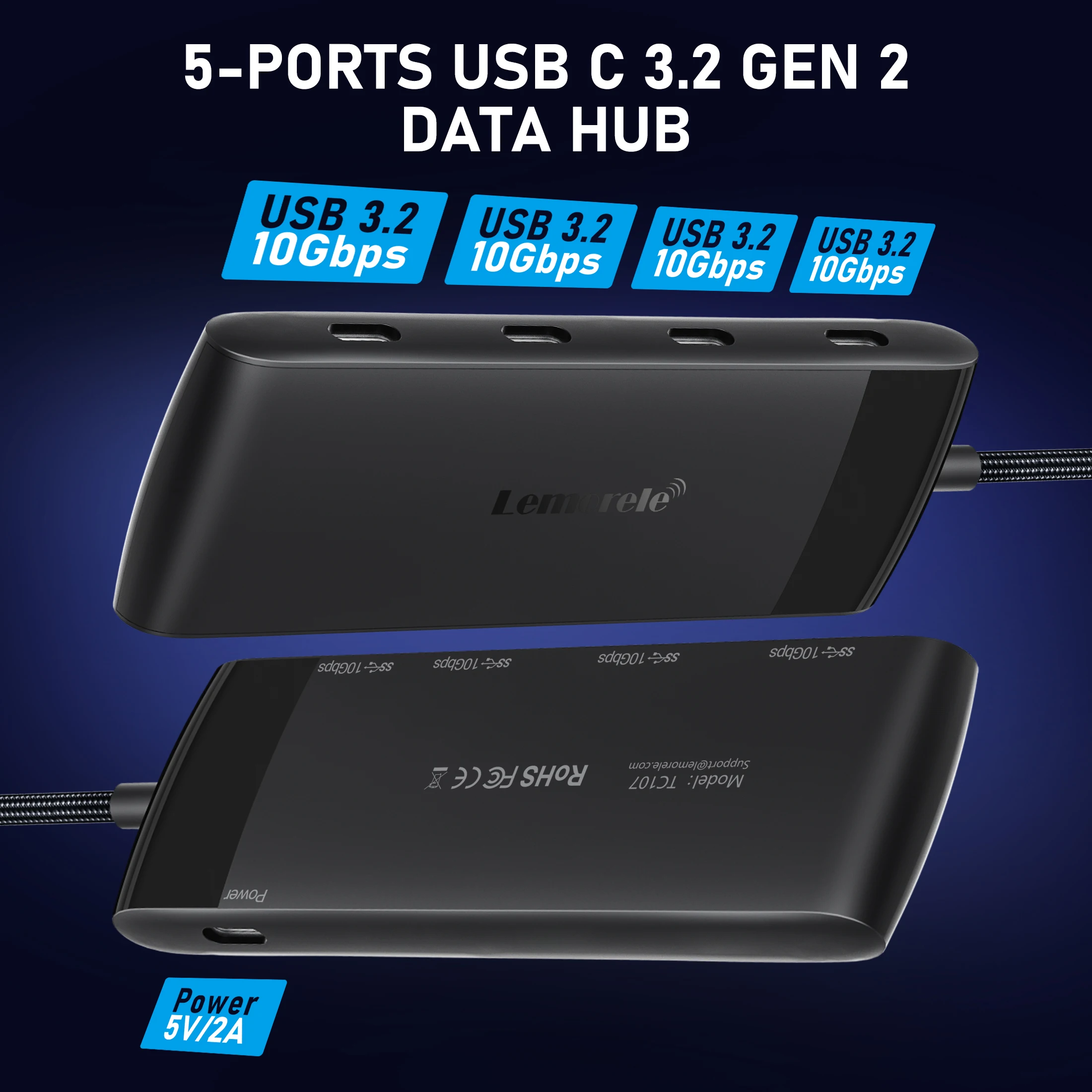 Lemorele USB HUB 3.2 GEN USB-A/USB-C 10Gbps 5 IN 1 adapter splitter for PC laptop gaming High-speed data transmission docking station Braided input cable