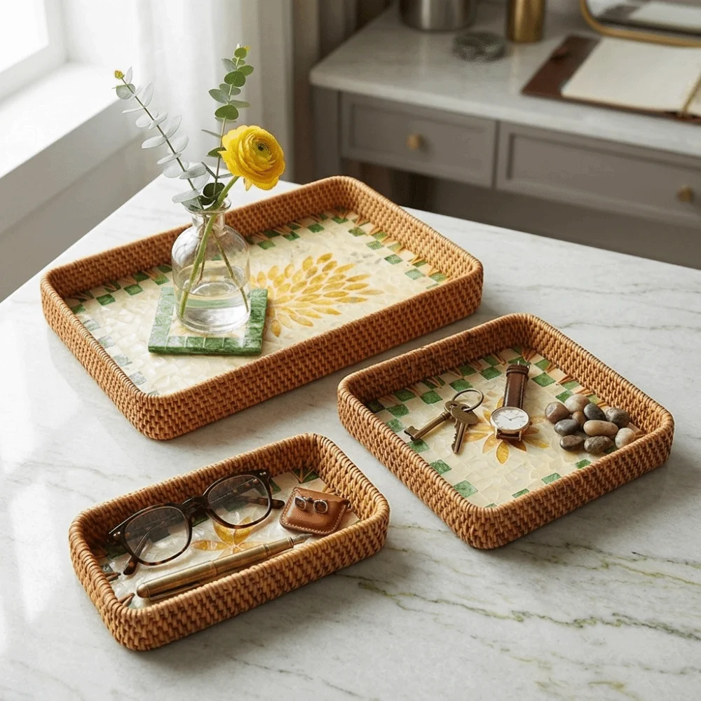 3Pcs Plant fiber Serving Tray Woven Texture Flat Tray Decorative Tray Sturdy Breathable Structure Catchall Organizer
