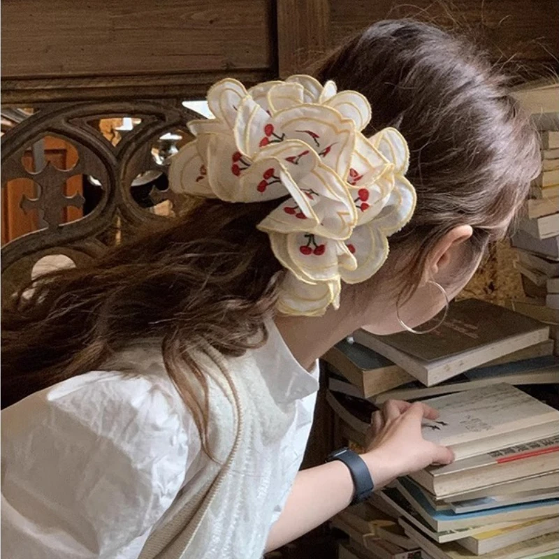 

Резинка для волос в корейском стиле с вышивкой вишни, аксессуары для волос для женщин, двухслойная кружевная резинка для волос с рюшами для булочки, коса, хвост